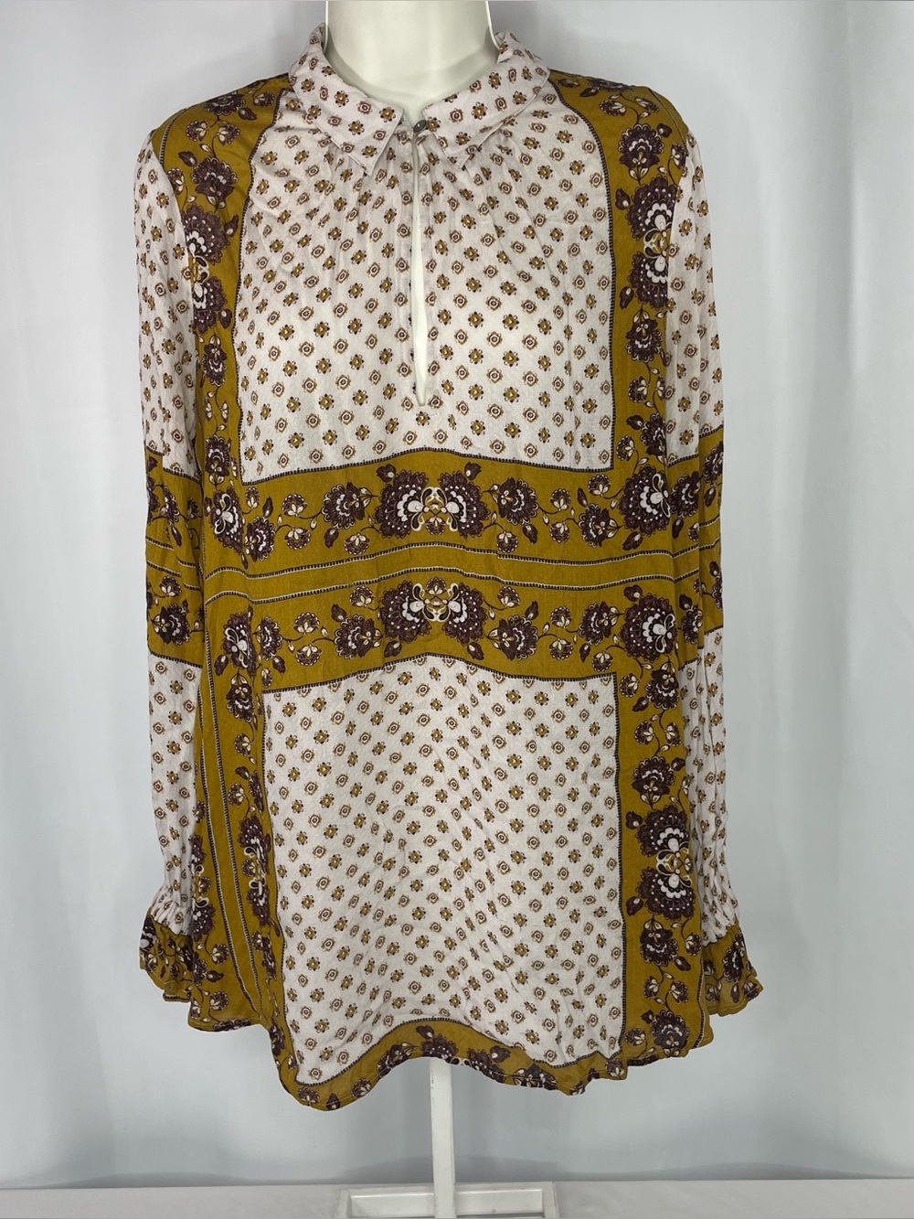 Free People Changing Times Floral Boho Tunic Blouse Mustard M